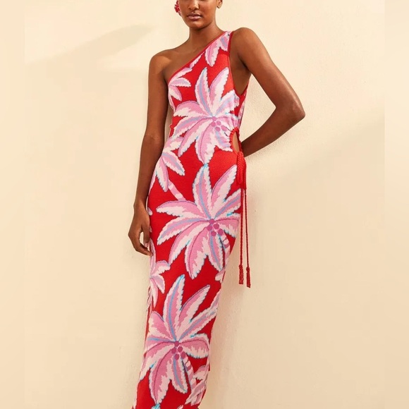 FARM Rio Dresses & Skirts - FARM Rio Red One-Shoulder Tropical Palm Maxi Dress with Pink Print